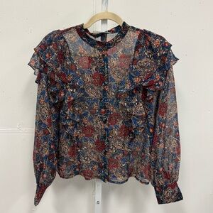 NWT‎ Mango Sheer Floral Paisley Ruffle Button Down Blouse Top Metallic Navy XS